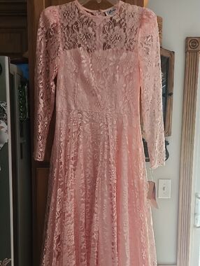 Vtg Gilberti  Blush Pink Lace Long-Sleeve Midi Dress Size 10P NWT
